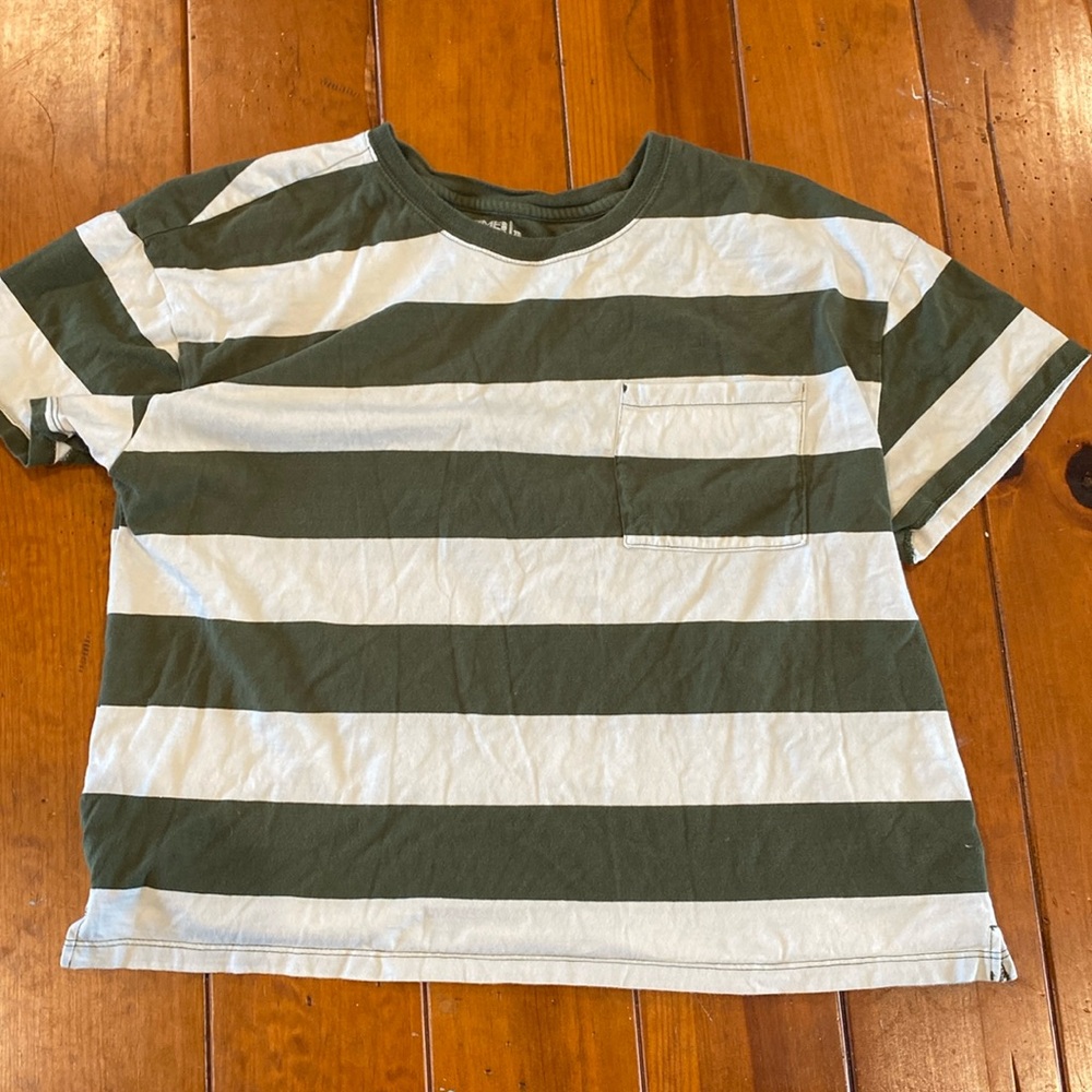 Green and white striped tee lightweight with a pocket great for summer.